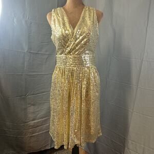NWT Kate Kasin Womens 6 Gold Sequin V Neck A Line Cocktail Dress Holiday Party